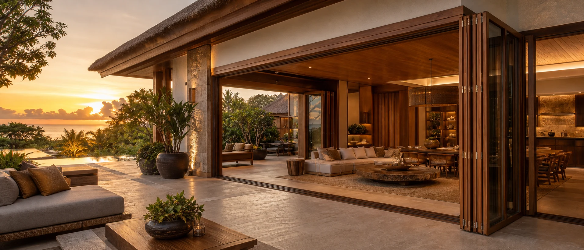 Wood finish LIKI folding glass wall system partially open at a tropical resort villa corner